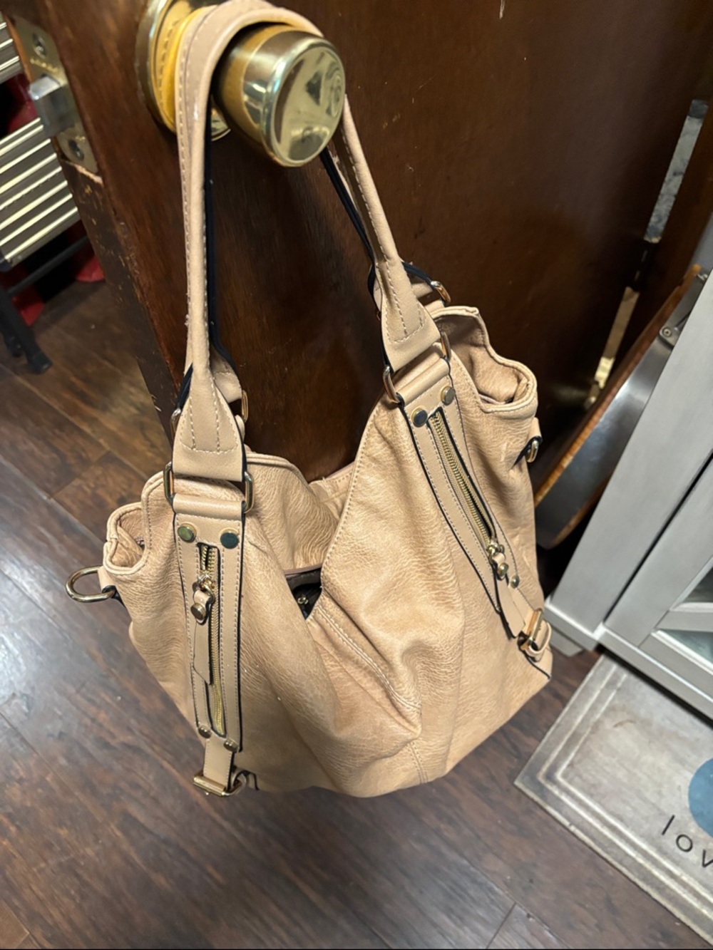 Faux Leather Neutral Beige Women’s Shoulder Tote BagCrossbody(LG)with lots of rm